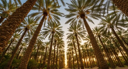 Fototapeta premium Palm tree grove, golden sunset light, towering date palms, symmetrical rows, looking upward, frond canopy, desert oasis, dramatic perspective, wide-angle lens, sun rays filtering through trees, lush t