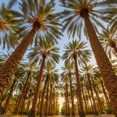Palm tree grove, golden sunset light, towering date palms, symmetrical rows, looking upward, frond canopy, desert oasis, dramatic perspective, wide-angle lens, sun rays filtering through trees, lush t