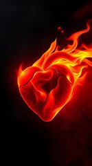 Fiery heart symbolizing passion and love in vivid flames against a dark backdrop