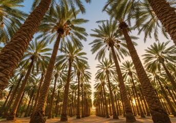 Palm tree grove, golden sunset light, towering date palms, symmetrical rows, looking upward, frond canopy, desert oasis, dramatic perspective, wide-angle lens, sun rays filtering through trees, lush t