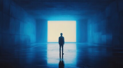 Surreal industrial room with glowing rectangle icy blue and neon gold hues cinematic mood viewpoint