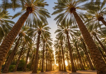 Fototapeta premium Palm tree grove, golden sunset light, towering date palms, symmetrical rows, looking upward, frond canopy, desert oasis, dramatic perspective, wide-angle lens, sun rays filtering through trees, lush t