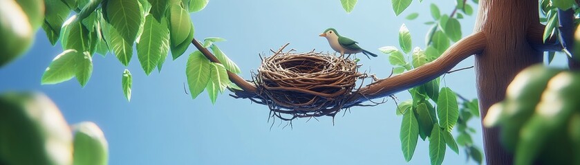 A serene scene of a bird perched near a nest on a tree branch under a clear blue sky.