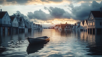  Village submerged by rising sea levels with boat navigating through flooded streets. Concept of climate change awarness. Generative AI