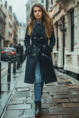 Fototapeta premium confident woman in a navy double-breasted coat and blue jeans walking down the street