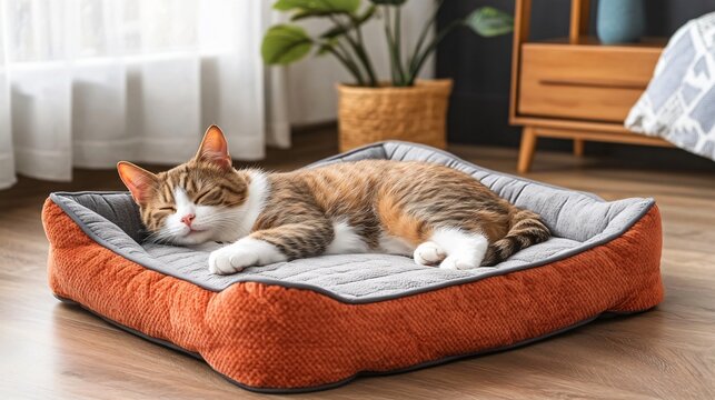 Adorable Tabby Cat Sleeping Peacefully in Cozy Pet Bed