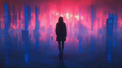 Abstract business woman stands on the peak of success amid tall, innovative Smart city and graphs with statistics to analyze business potential and predict future developments in company growth.
