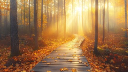 Fototapeta premium Magical Autumn Forest Path Sunrise Misty Woods