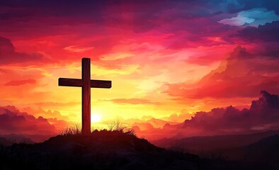 The cross on the hill with a sunset sky background, a Jesus Christ wallpaper for mobile phones and computer screen backdrop design.