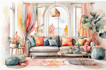 Hand draw watercolor sketch illustration texture design of a modern, luxury comfortable interior home living room with decoration.
