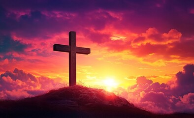 The cross on the hill with a sunset sky background, a Jesus Christ wallpaper for mobile phones and computer screen backdrop design.