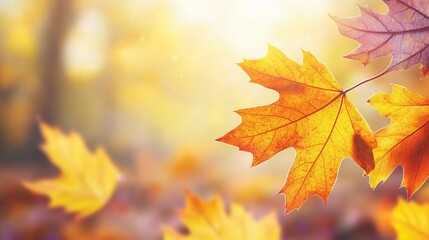 Fototapeta premium Autumn Maple Leaves Sunlight Background Image