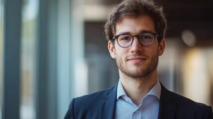 Obraz premium Young man, glasses, suit, serious expression, indoor.