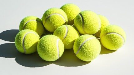 Bright yellow tennis balls piled together cast strong shadows on a white surface. Ideal for sports websites or tennis equipment advertisements.