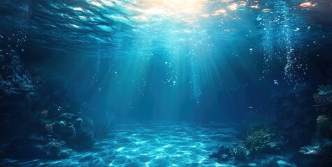 Obraz premium Underwater view of the ocean floor with sunlight filtering through, creating an underwater scene. 