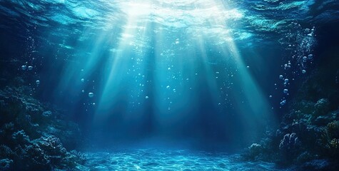 Underwater view of the ocean floor with sunlight filtering through, creating an underwater scene. 