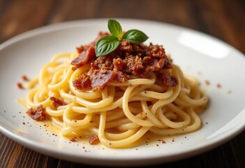 A sumptuous plate of spaghetti alla carbonara with crispy guanciale and creamy sauce