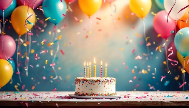 Festive birthday party celebration scene with tiered frosted cake sprinkles candles backdrop background social media post story confetti balloons with space for text or quote
