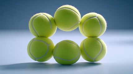 Six fluorescent yellow tennis balls arranged in a circular pattern. Perfect for sports-related designs or dynamic compositions.
