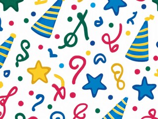 Festive Party Seamless Pattern, Colorful Hats, Stars, Confetti