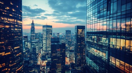 Night city skyline; illuminated skyscrapers, twilight sky.