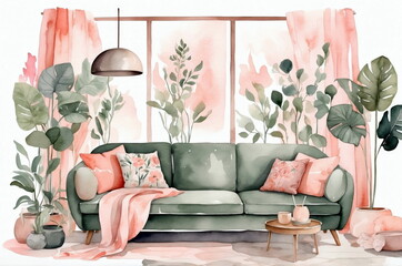 Hand draw watercolor sketch illustration texture design of a modern, luxury comfortable interior home living room with decoration.
