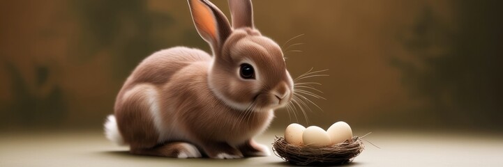 Fototapeta premium Cute brown rabbit and nest with eggs. Copy space for text banner. Symbol of easter festival animal