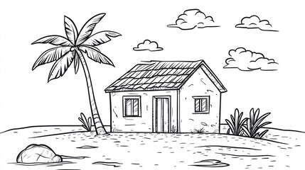 Sketchy beach house, palm tree, island, sunny sky, illustration
