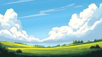 Obraz premium Gorgeous hand-drawn illustration depicting scenic mountains and farmlands, enriched with intricate details and an anime-inspired touch.