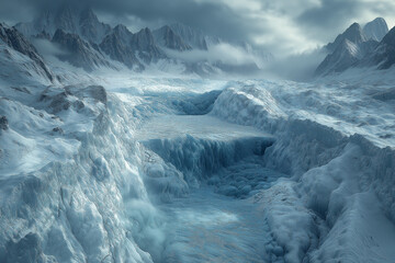 Photo réaliste d’un glacier massif avec fissures bleutées et montagnes enneigées