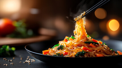 f0b Korean japchae glass noodles stirfried with colorful vegetables on a platter