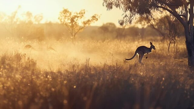 Three kangaroos leaping at sunset in an Australian outback grassland.