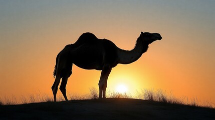 Silhouette camel at sunset in desert
