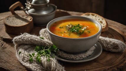 Hearty soup garnished with fresh herbs, served with a side of crusty bread.