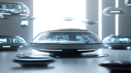 Futuristic flying vehicles in a hangar.