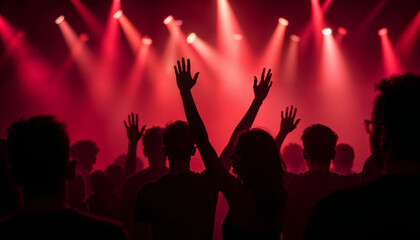 Obraz premium Night time concert venue club at a concert with crowds of people with their arms up dancing to music