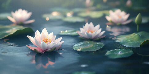 Serene pond with pink water lilies