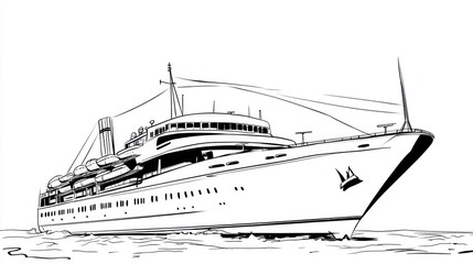 Fototapeta premium Large ship travels across water, white background for layouts or creative designs