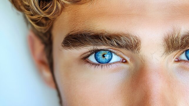 Close-up of a man's captivating blue eyes and neatly shaped eyebrows. Ideal for beauty product ads or eye care campaigns.