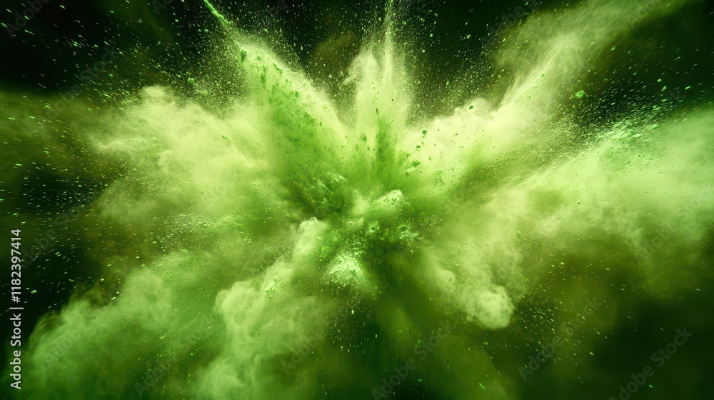 Aufkleber an explosion of vivid green powder frozen in motion, creating a dynamic abstract background with spl