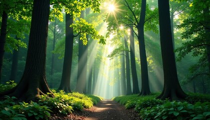 Obraz premium Forest canopy with towering trees and sunlight filtering through, trees, sunlight, forest