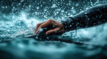 A hand grips a surfboard fin in churning ocean water. Perfect for surf apparel brands or water sport campaigns.
