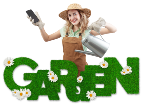 Smiling woman wearing gardening clothes shows a smartphone and holding a watering can, isolated on white with garden text and daisies flowers. Online gardening shopping for spring and garden work care