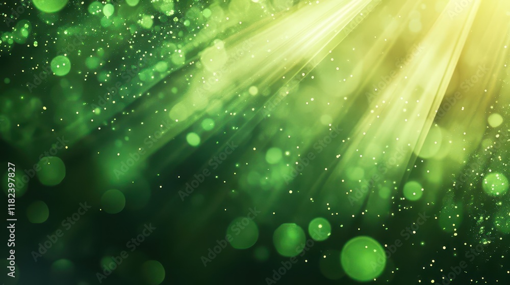 Poster asymmetric bursts of green light radiating through a dark green background, creating an abstract com