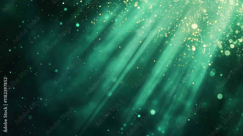 Poster asymmetric bursts of green light radiating through a dark green background, creating an abstract com