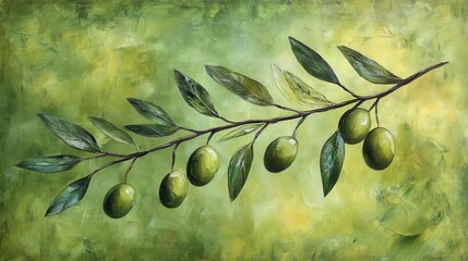 artistic depiction of an olive branch adorned with ripe green olives, set against a lush green background, symbolizing peace and abundance, ideal for wellness and culinary themes