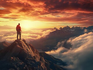 adventurous solo hiker standing on mountain peak at sunrise, enjoying breathtaking alpine landscape with dramatic clouds and valley views below