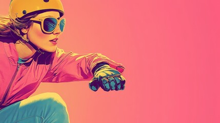 A woman in vibrant 80s style attire leans forward ready for action. Perfect for sports, fitness, or music-themed projects.