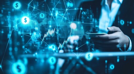 Naklejka premium Person uses device, viewing global finance data.