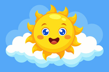 Cute Cartoon Sun Peeking Over Fluffy Blue Clouds in Whimsical Vector Art